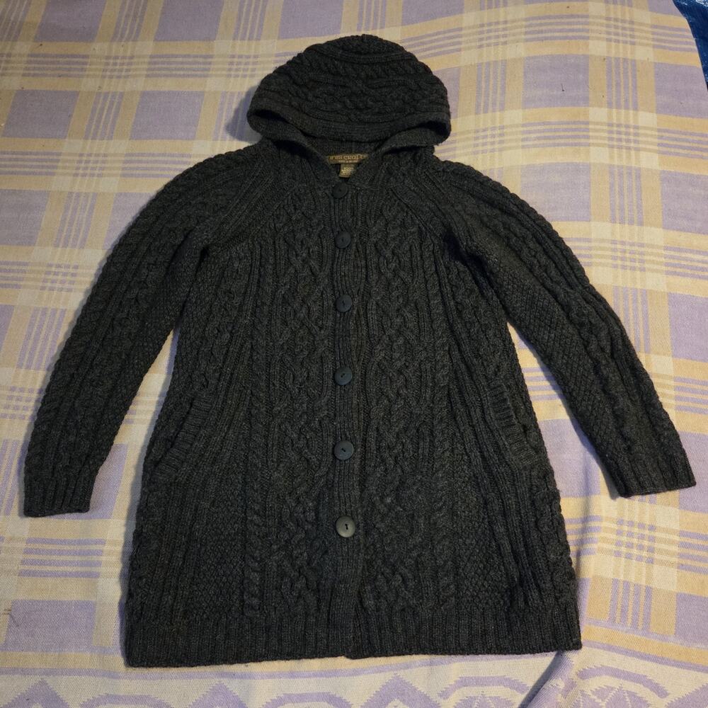 Inis Crafts 100% Merino Wool Hooded Cardigan Size S Sweater Made in Ireland Grey